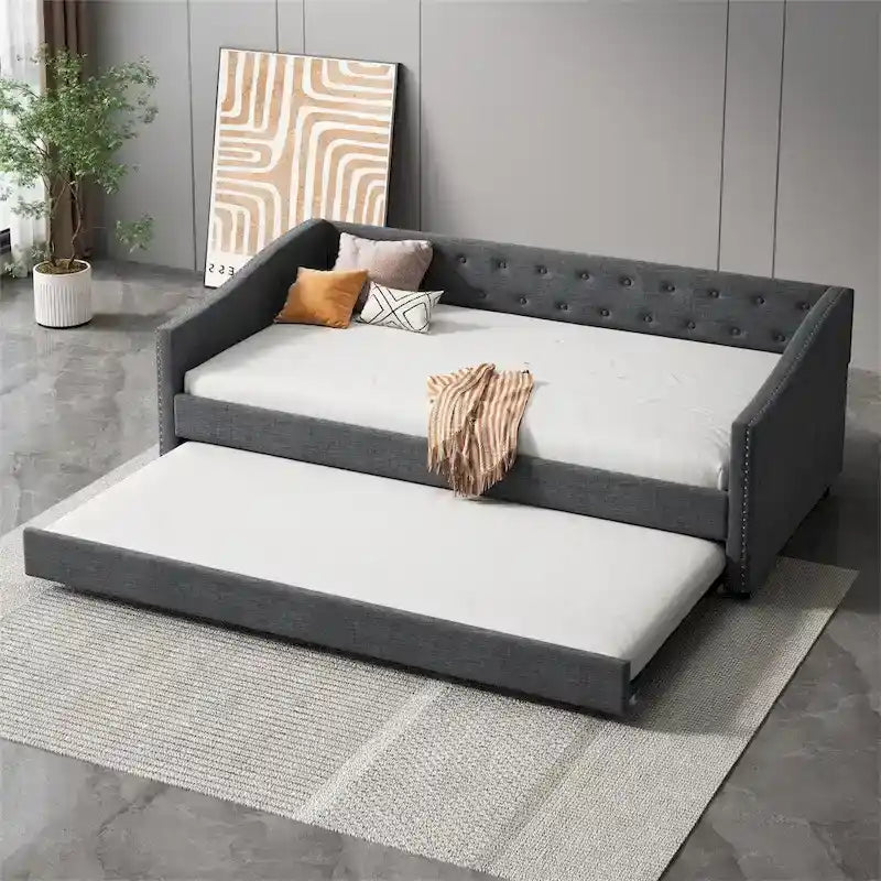 Divano Letto Imbottito a Misura Singola con Rullo e Borchie Ramate